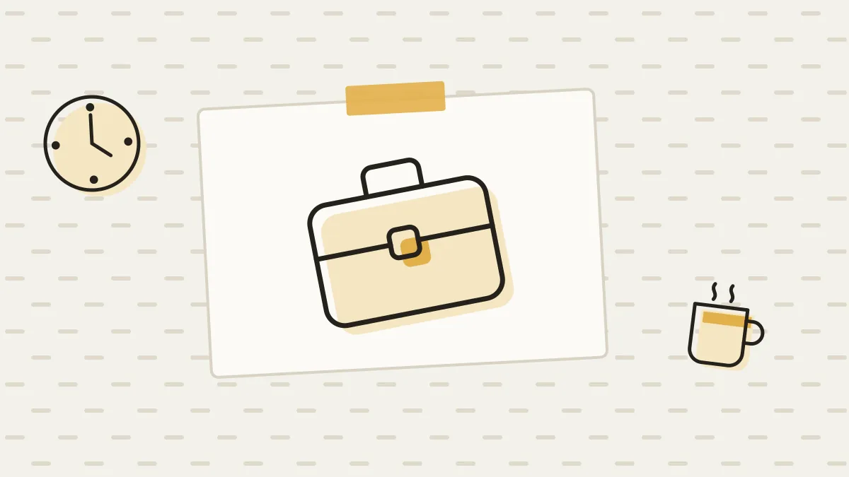 Illustration: a briefcase, with a wall clock and a steaming mug.