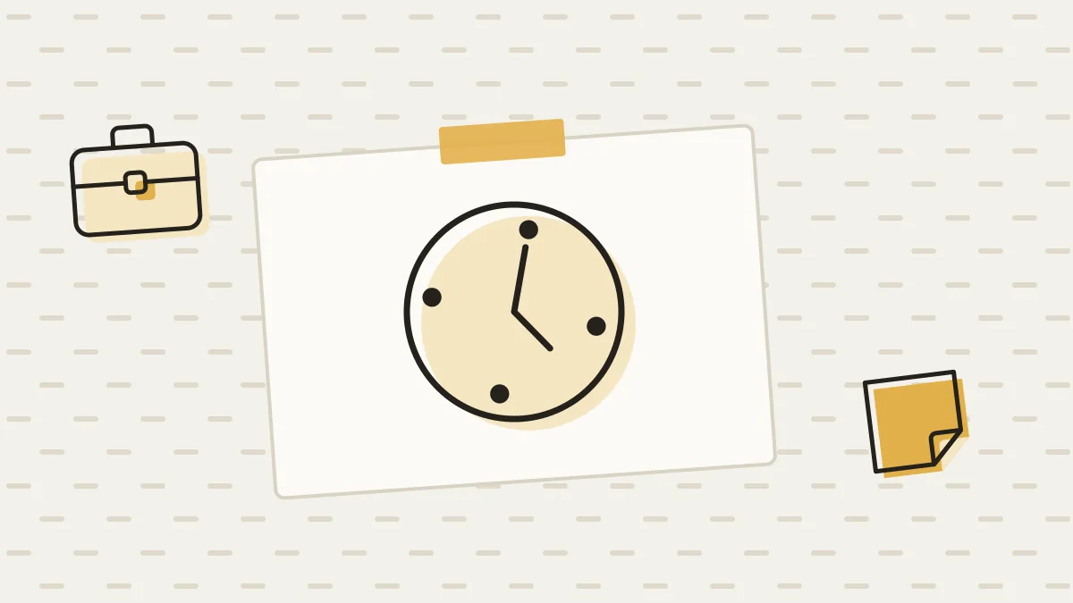 Illustration: a wall clock, with a briefcase and a sticky note.