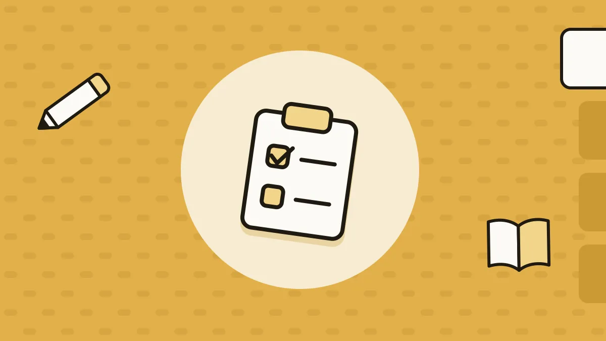 Illustration: a checklist on a clipboard, with a pencil and an open book.