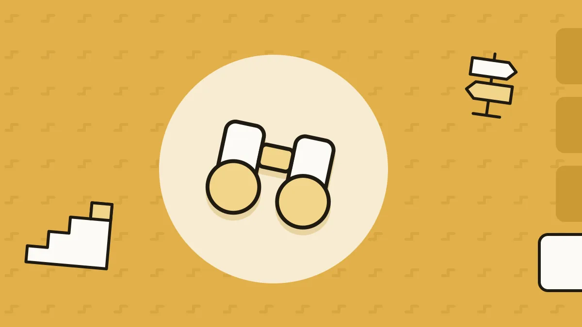Illustration: a pair of binoculars, with a flight of stairs and a signpost.
